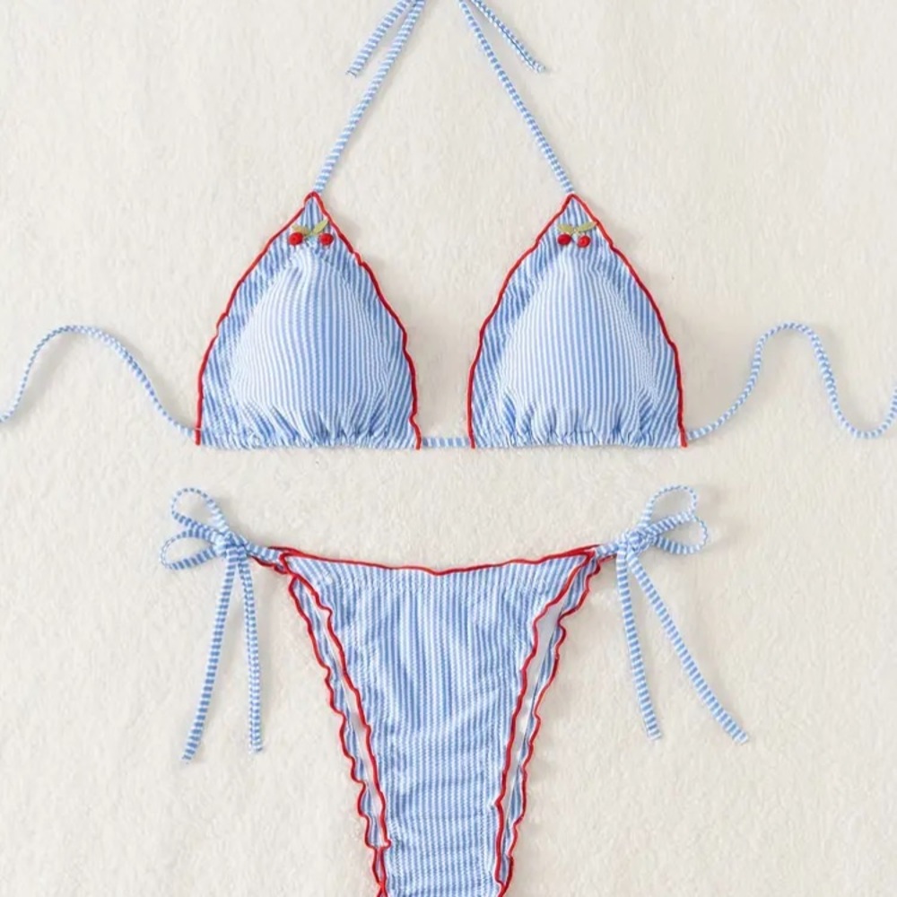 NEW Blue and White Striped Bikini with Red Accents
